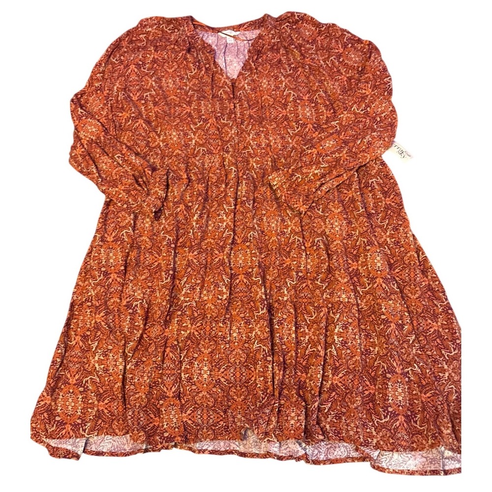 NEW Terra & Sky Womens Orange Long Sleeve Boho Tiered Babydoll Dress 2X 20W 22W